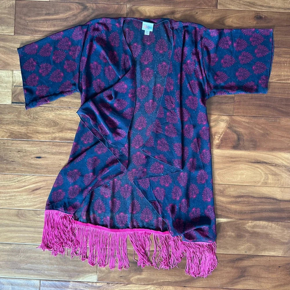 LuLaRoe Sheer Teal and Pink Shirley Kimono with Fringe size Small